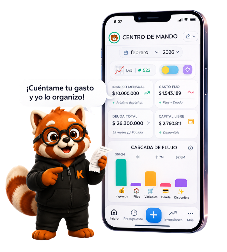Panel de Kuma mostrando el Centro de Mando con ingresos, gastos y capital libre