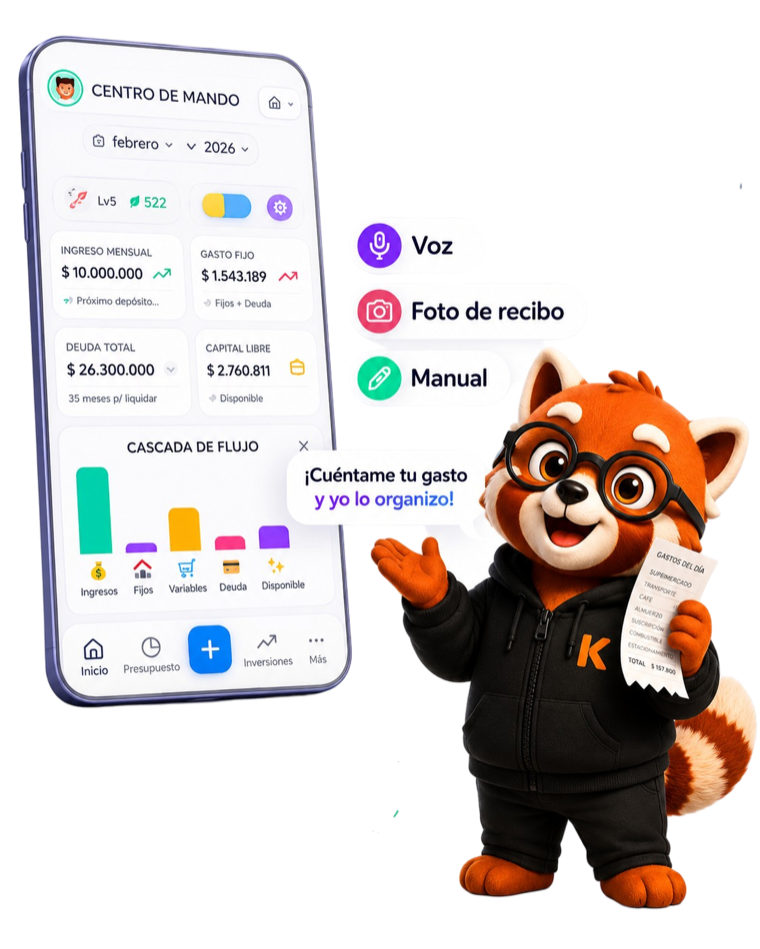 Pantalla de Kuma para registrar gastos por voz o foto en segundos